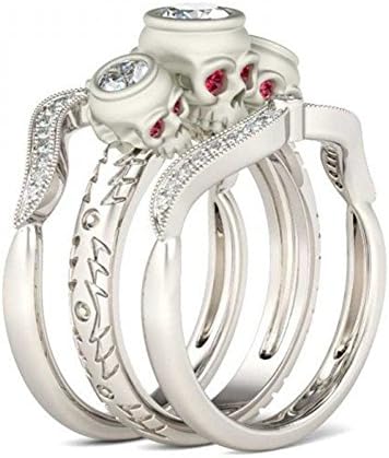 HOTSKULL Women 925 Sterling Silver Plated Ring Ruby White Zircon Skull Ring