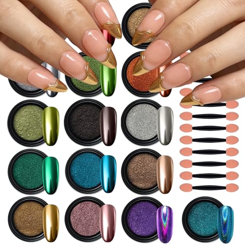 Artdone 16 Colors Chrome Nail Powder, Iridescent Aurora Powder Metallic Mirror Effect Pigment Pearlescent Mermaid Pigment Pearl Glitter Dust Kit, Nail Art Decoration, Resin Craft