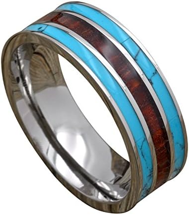 Titanium Turquoise and Koa Wood Ring 8mm Comfort Fit Flat Top Wedding Band (10.5)