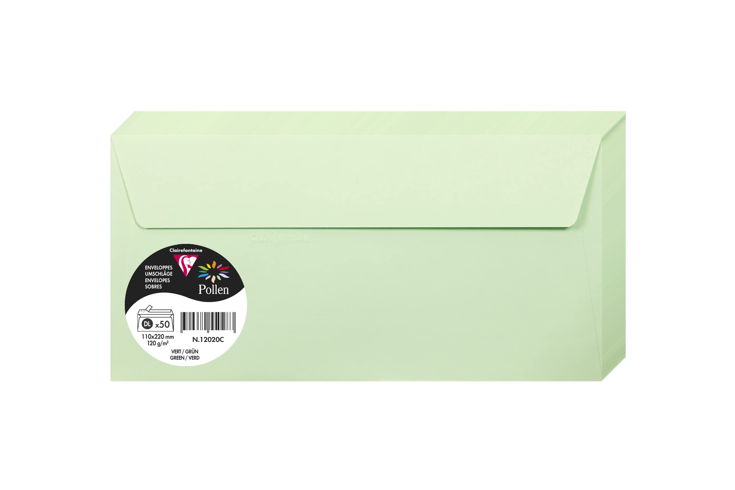 Clairefontaine 120020C Pack of 50 Self-Adhesive Envelopes DL size 11x22cm 120gsm Green Colour Event Correspondence Invitations Pollen Range Premium Paper