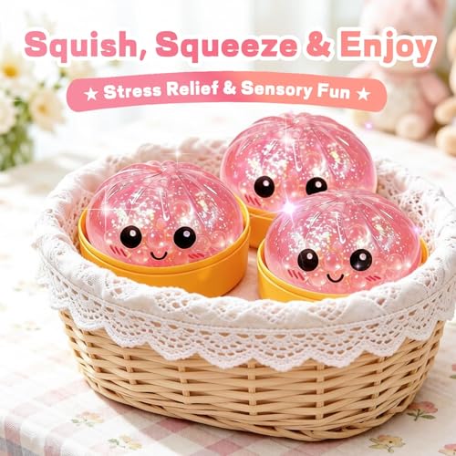 Last Page® Glitter Dumpling Squishy Box Real Squishy Dumplings Squishies Fidget Toys Adults & Teens Large Adults Anxiety Relief Squeeze Toy (Pink)