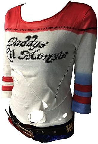 Women's Harley Quinn Daddy's Lil Monster 3/4 Sleeve Baseball T Shirt Punk Top (S, With Hole)