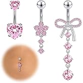 Beautidots 3PCS Belly Button Ring Dangle Stainless Steel Belly Rings 14G 1.6MM Belly Piercing CZ Butterfly Heart Flower Navel Ring Piercing Jewelry Belly Ring for Women