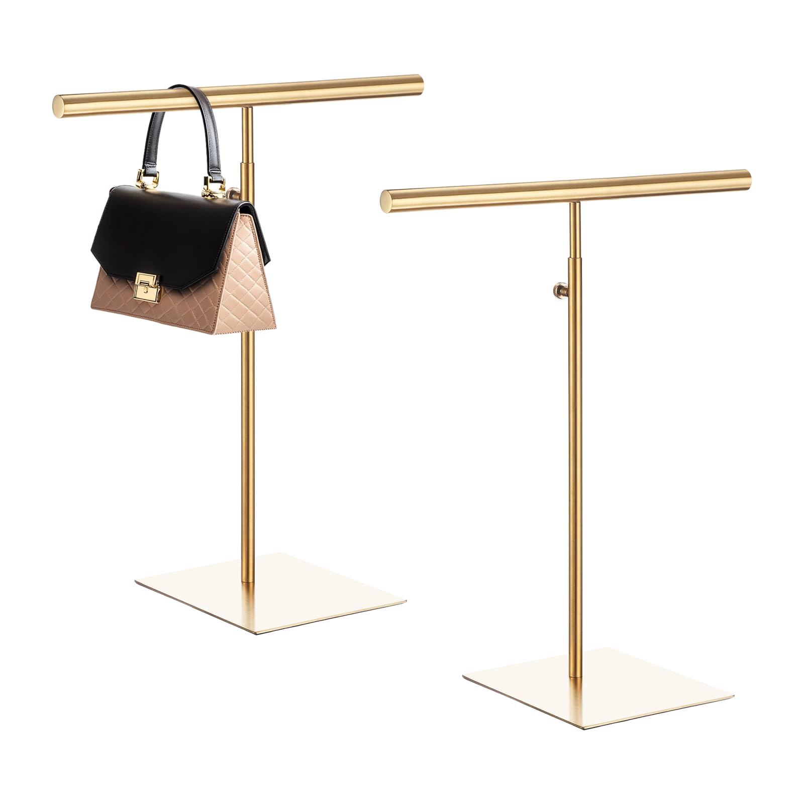 Photo 1 of SUIKIHUM 2 Pack - Stainless Steel T-Shaped Purse Display Stand, 360-660mm Adjustable Height Double Hook Handbag Rack Appropriate for Boutique Store, Gold