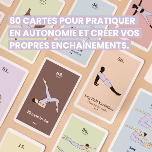 yogAsana French Pilates Card Game - 80 Cards | 67 exercises, 10 sequences, beginner to advanced levels, practice at home, mobility, sheathing and tone