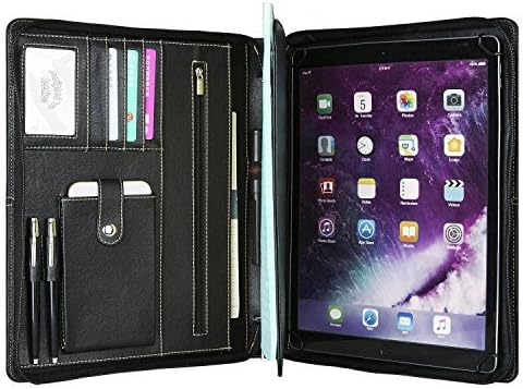 Genuine Leather Portfolio Professional Padfolio Zippered Briefcase with Handle, Multi-Function Office Organizer Interview Document Holder Business Folder Black for iPad Pro 10.5 inch