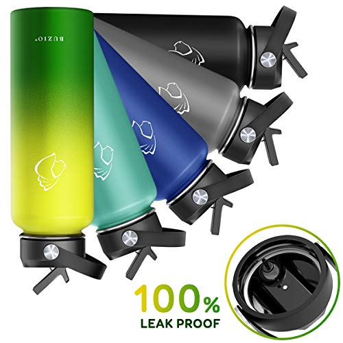 BUZIO Double Wall Stainless Steel Sports Water Bottle, BPA-Free Flex Cap and Straw Lid, 40 Ounces, Neon - Thumbnail 4