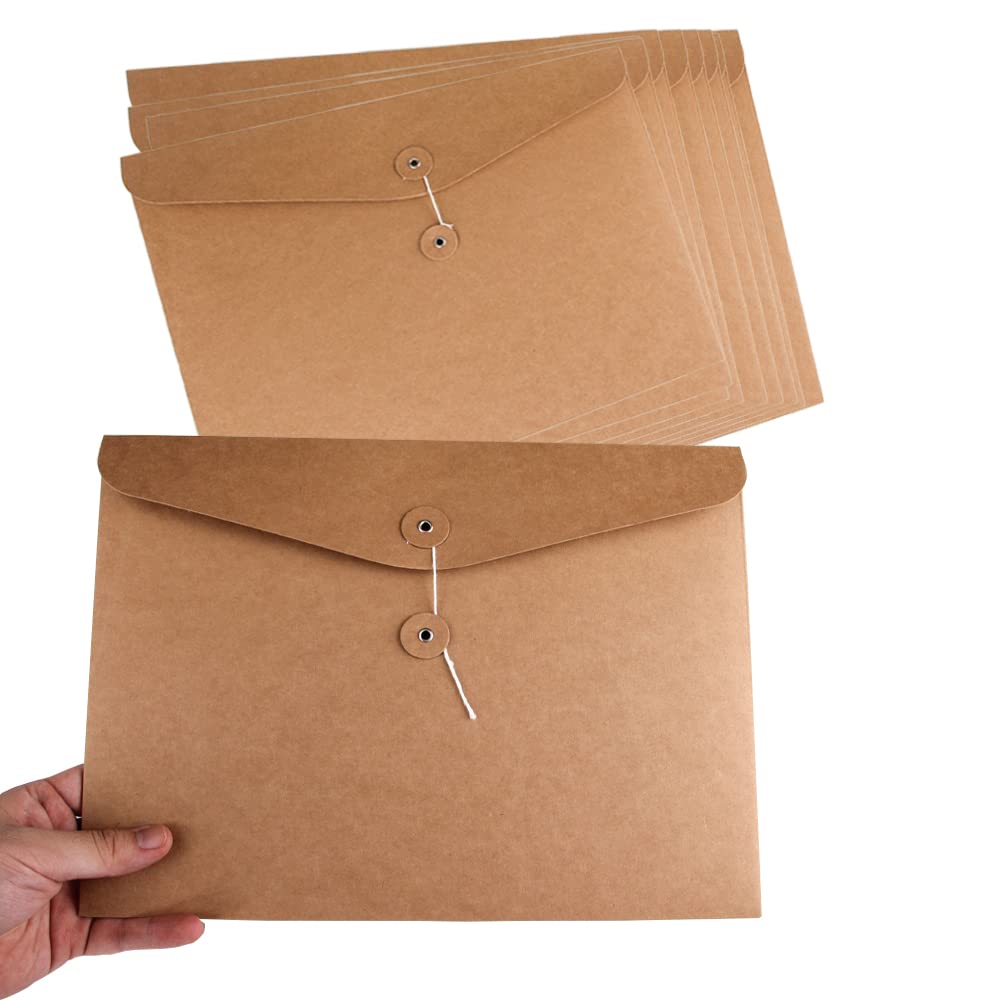 10pcs A4 Kraft Paper Envelopes Portfolio Foolscap File Folders Document Folder with String Fastener Closure Wallet Pockets File Bags Storage Pouch Paperwork Organizer Bag for Office School Home