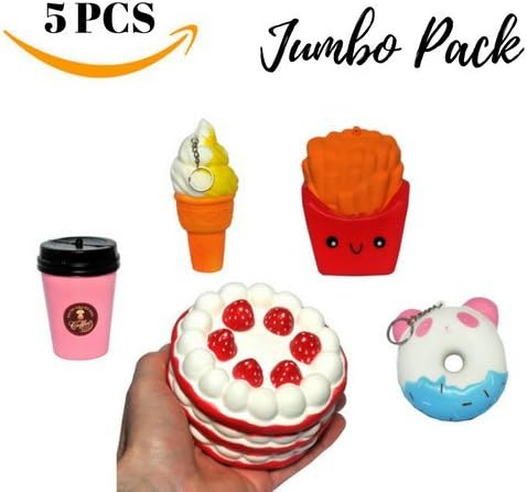 Jumbo Squishie Set For Kids &amp; Adults - Fun, Soft, Slow Rising, Sweet Scented Cute Squishy Large Food Toys For Stress Relief &amp; Improved Focus - Healthy &amp; Eco-Friendly Kawaii Toy Squishies - 5 Pack