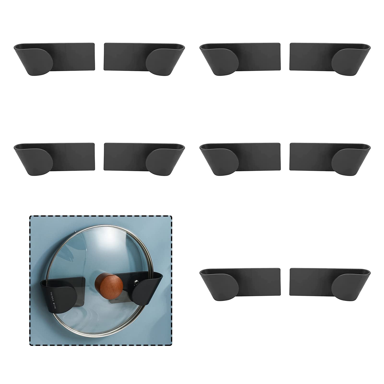 Bansusu Pan Lid Holder, 10Pcs Pot Lid Holder Racks Wall Mount Punch-Free Pot Lid Storage Organizer Adjustable Hanging Pan Cover Organizer Plastic Cutting Board Storage for Home Kitchen (Black)