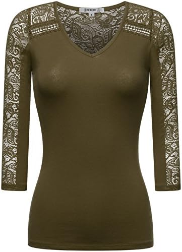 THENEWNEW Womens 3/4 Sleeve Top With Lace Detail OLIVE MEDIUM