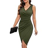 IHOT 2026 Women's Sexy V Neck Sleeveless Faux Wrap Ruched Sheath Bodycon Cocktail Party Work Dress