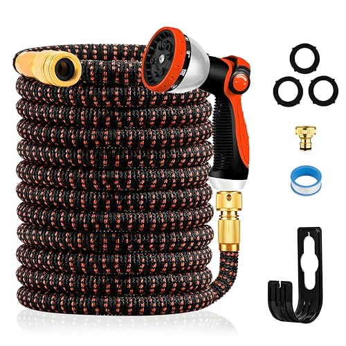 Yofidra Garden Hose 15M/50FT – Expandable Hose with 10 Spray Pattern Nozzles Brass Connector Fabric 3750D High Strength Hose with 3-Layer Latex Core