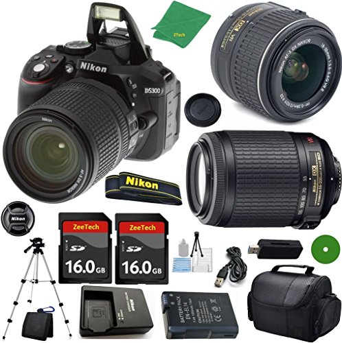 Nikon D5300 - International Version (No Warranty), 18-55mm f/3.5-5.6 DX VR, Nikon 55-200mm f4-5.6G VR, 2pcs 16GB Memory, Camera Case