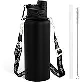 SANDJEST Stainless Steel Water Bottle with Strap 32oz, Insulated Bottles with Straw and Spout Lid for Gym Sports Travel Outdoor, Gifts for Women Girls Birthday Christmas (Black)