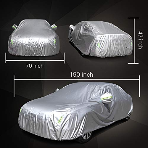 cciyu Universal Car Cover Waterproof 190T Polyester for Most Cars Up to 190â€ All Weather Protection with Mirror Pockets Reflective - Silver Grey