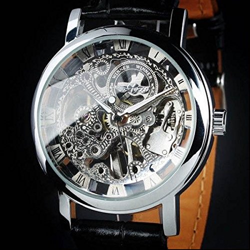 Winner Unisex Waterproof Silver White Round Dial Stainless Steel Hand Wind up Skeleton Watches