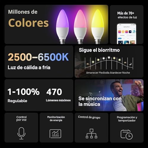 Lâmpada WiFi, lâmpada LED multicolorida E14 2500K-6500K, regulável 40W 470Lm, funciona com Alexa, controlo por voz, poupança de energia, L430C.