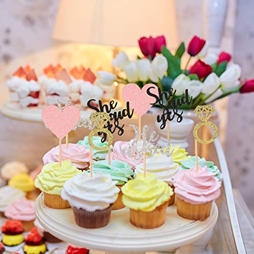 Donoter 48 Pcs He Asked She Said Yes Cupcake Toppers Diamond Ring Heart Cake Picks for Wedding Engagement Party Table Decorations