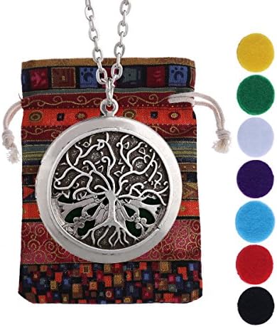 Aromatherapy Essential Oil Diffuser Antique Silver Lockets Tree of Life Celtic Knots Pendant Necklace + Link Chain + 7pcs Random Color Refill Pads + Gift Pouch (XSH-515)