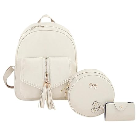 MKchung 3pcs/Set Tassels Women Bowknot PU Backpack Round Shoulder Card Bags/Beige