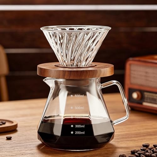HOOPZOZA V60 Coffee Pot 600mL Pour Over Coffee Maker Set Glass Drip Filter with Tick Marks for Drip Coffee Maker Coffee Dripper (D-600-set)