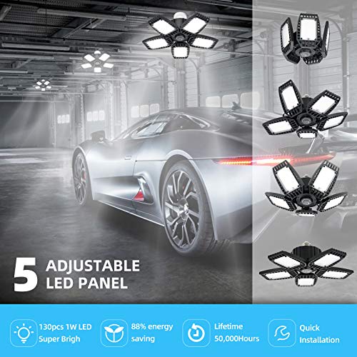 100W LED Garage Lights, 10000LM LED Garage Ceiling Light Fixtures with 5 Adjustable Panels LED Shop Light Super Bright LED Deformed Folding Light E26/E27 LED Light Bulbs for Basement, Workshop, Barn