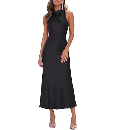 Realtix Womens Summer Satin High Neck Sleeveless Midi Dress Wedding Guest
