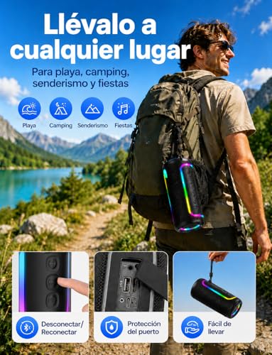 UOHHBOE Altavoz Bluetooth Portátil 30W, Sonido 360° con Graves Potentes, Bluetooth 5.4, 30H Batería, IPX5 Impermeable, Luces RGB, TWS Estéreo, USB-C, AUX, USB y TF, para Fiesta y Playa