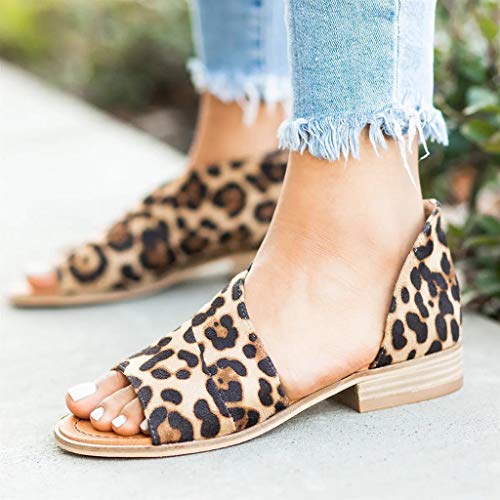 BEAUTYVAN Women's Boots,Retro Peep Toe Cut Out Leopard Low Heels Sandals Casual Walking Brown Shoes
