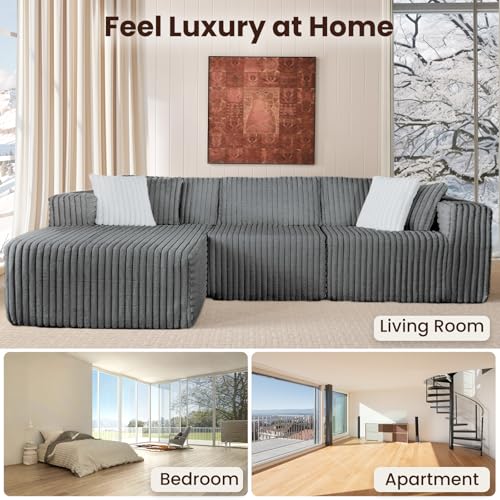 Fantico Modular Sectional Sofa Couch Luxurious Corduroy - High-Density Foam, Non-Slip Stability, Easy Setup with Box Packaging, Comfortable & Durable for Living Room, Apartment, Bedroom - Grey