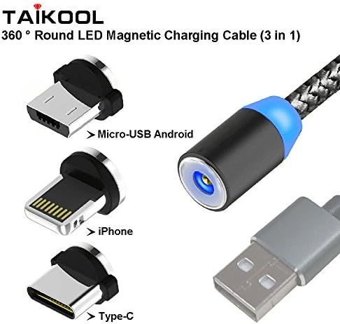 Magnetic Phone Charger Charging Cable 360° Round Max 2.4A Fast charging LED Indicator, Micro USB Lightning Type-C 3-in-1 for Android iPhone Devices(3 tips in 1 cable)