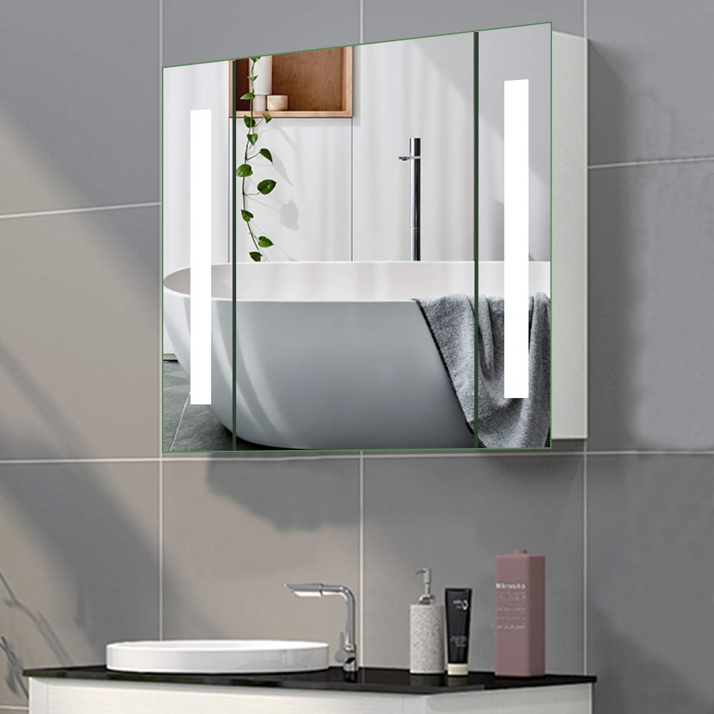 Warmiehomy Illuminated Bathroom Mirror Cabinet with Light Mirrored Cabinets with Shaver Socket Demister LED Light for Makeup Cosmetic Shaver Charging Wall Mounted 64 x 60 cm