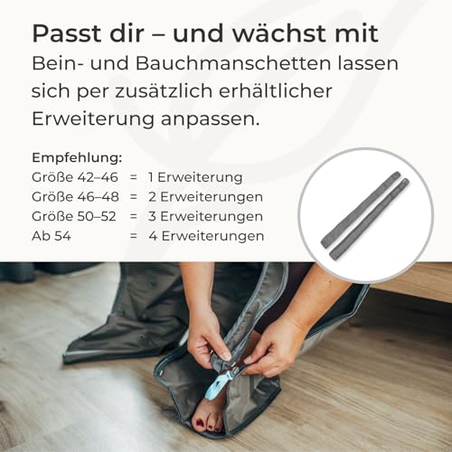 Venen Engel® 4 sliding wave massage device with abdominal and leg cuffs, 4 air chambers, pressure and time easily adjustable.