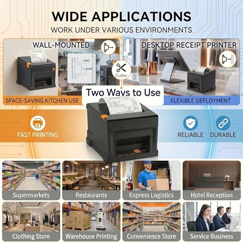 Fuhuihe 80mm Thermal POS Printer with Automatic Cutter and 5 Rolls of Paper - 300mm/s for Windows PC, USB LAN Bluetooth