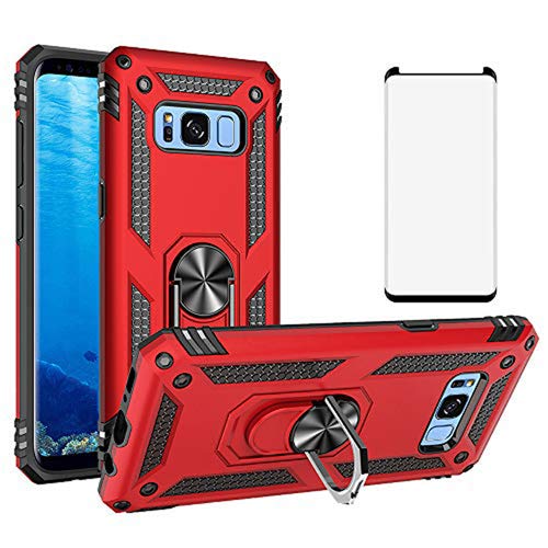 Phone Case for Samsung Galaxy S8 with Tempered Glass Screen Protector Magnetic Rugged Stand Ring Holder Mobile Accessories Protective Hard Shockproof Bumper Glaxay S 8 8S Edge GS8 Girls Women Men Red