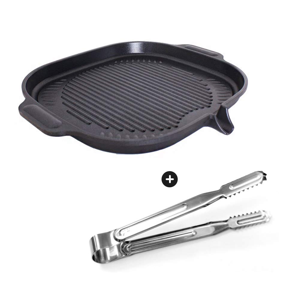 Kitchen Art Korean BBQ Round Non-Stick Grill Pan Induction Available Includes Tongs Indoor Outdoor Smokeless BBQ Grill Stovetop Grill Pan Set (Black, 11.8" x 12.5" x 1")