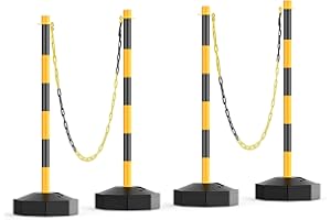 HiGiant 4 Pack Portable Delineator Post Cones with Fillable Base, Expandable Traffic Safety Barriers, 8Ft Chain Stanchion for Parking and Construction [Black/Yellow]