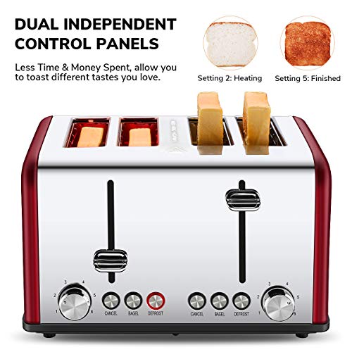 4 Slice Toaster, CUSIBOX Extra Wide Slots Stainless Steel Four Slice Toaster, BAGEL/DEFROST/CANCEL Function, 1650W, Red - Thumbnail 2