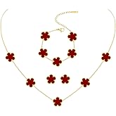 JIEMUCHU Gold Plated Stainless Steel Four Leaf Clover Bracelet, Necklace and Stud Jewelry Set for Women