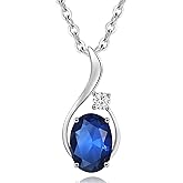 FANCIME 14K Solid White Gold Oval Gemstone Necklace with Diamond Pendant Gifts for Mom Women,16"+2" Inches