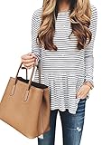 ZXZY Women Pleated Frill Hem Round Neck Long Sleeve Stripe Shirt Tops Blouse Tee