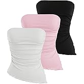WDIRARA Women's 3 Pack Leopard Print Ruched Strapless Tube Top Asymmetrical Lettuce Trim Bandeau Tops