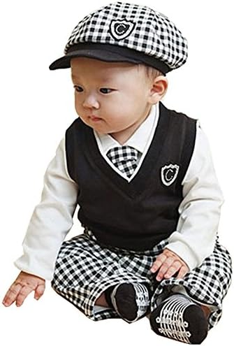 SGBB Baby Boys Gentleman Waistcoat + Pant + Shirt +Necktie +Hat Suit Clothes Set (9-12 Months, Plaids)