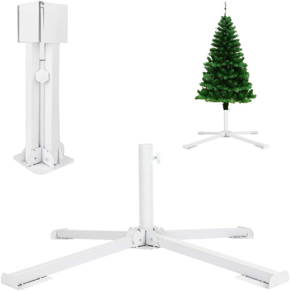 Tree Stands - GKanMore Artificial Christmas Tree Base Stand Umbrella Base Stand Foldable Metal Base Stand Holder for Artificial Xmas Tree Outdoor Patio Beach Umbrella, White