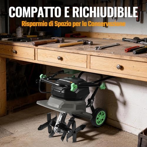 X Motozappa Elettrica Senza Fili 40V, Lavoro 30 cm x 20 cm, doppia Batteria 4000 mAh, Manubrio Pieghevole, Ruote Regolabili in 4 Posizioni - Compatta e Silenziosa per Giardino, Orto e Frutteto