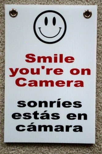 VINBOX SMILE YOU'RE ON CAMERA SIGN 8'',x12'', w/Grommets Security Surveillance Spanish