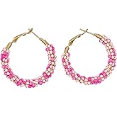 Sonateomber Handmade Beaded Gold Hoop Hugge Earrings for Women Boho Big Multicolor Purple Fuchsia Seed Beads Native American Bohemia Circle Earrings Prom Wedding Bridal Statement Jewelry Gift