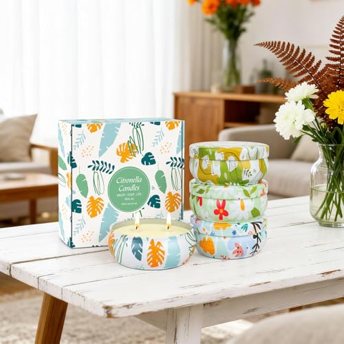 Citronella Candle Outdoor 4pcsx6oz, Decorative Lemongrass Candles 240 Hours Burn Time 2-Wick Natural Soy Wax Indoor & Outdoor Candles, Ideal for Camping Patio Garden Yard Porch Gifting Home Décor