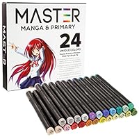 24 Color Master Markers Manga & Primary Tones Dual Tip Set - Double-Ended Art Markers with Chisel Point and Standard Brush Tip - Soft Grip Barrels - Illustration, Sketch Comics, Cartooning, Anime